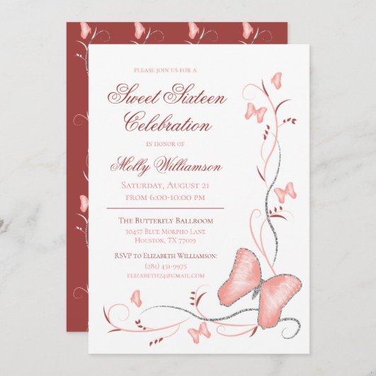 Rosa Schmetterlinge und Wirbel Süß 16 Einladung (Vorne/Hinten)