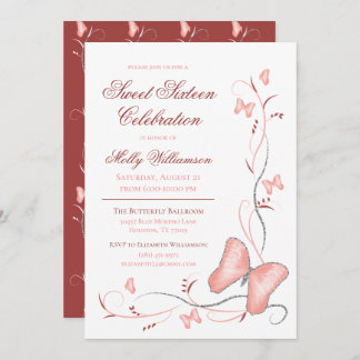 Rosa Schmetterlinge und Wirbel Süß 16 Einladung