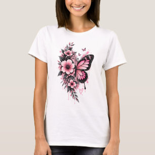 Rosa Schmetterlings-Blumen-T-Shirt   Weibliches Bl T-Shirt