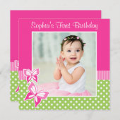 Rosa Schmetterlings-Grün-Polka-Punkt-1. Einladung (Vorne/Hinten)