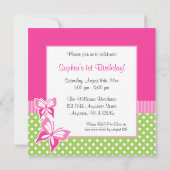 Rosa Schmetterlings-Grün-Polka-Punkt-1. Einladung (Rückseite)