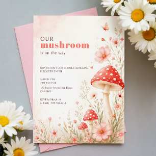 Rosa Schmetterlings-Pilz-Baby-Shower-Wildblume Einladung