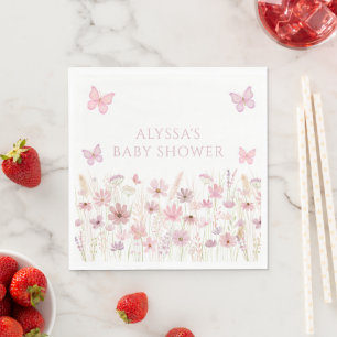 Rosa Schmetterlings-Wildblumen-Baby-Party Serviette