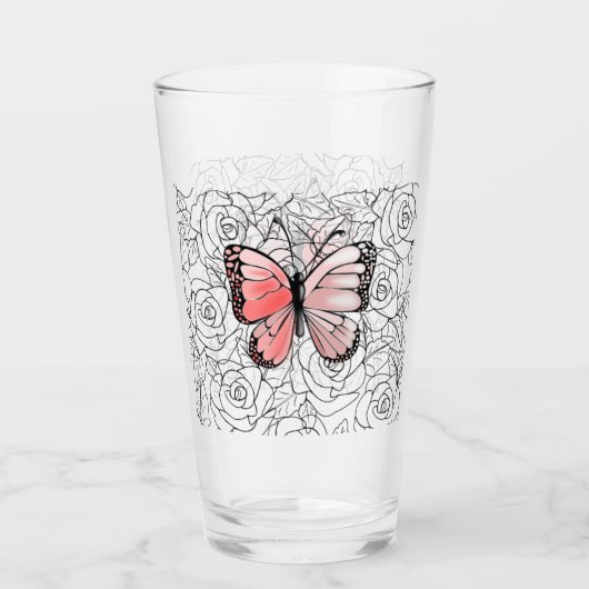 Rosa Schmetterlingsglas mit Rose Glas (Vorderseite)