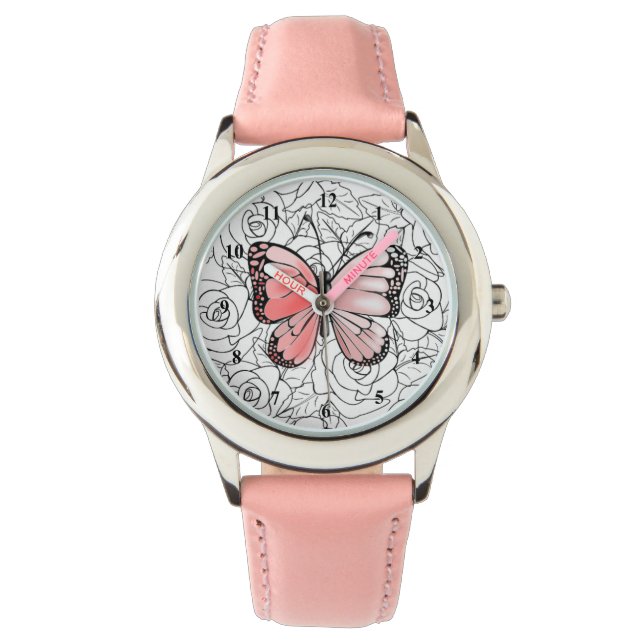 Rosa Schmetterlingswache mit Rose Armbanduhr (Vorderseite)
