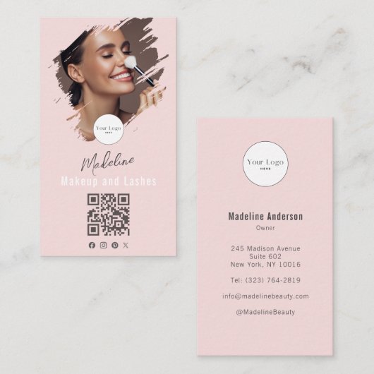 Rosa Schmink-Schrift-Logo QR-Code Foto Make-up Visitenkarte (Vorne/Hinten)