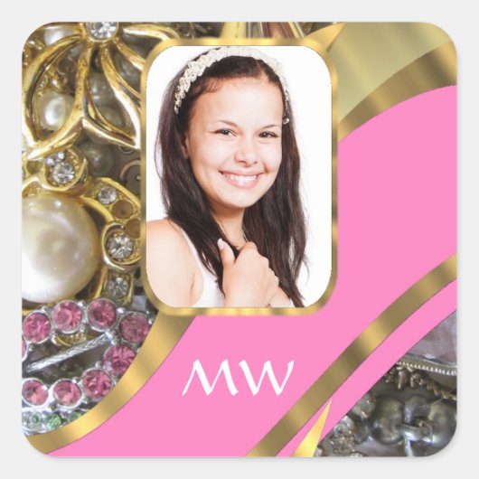 Rosa Schmuck personalisierter Hintergrund Quadratischer Aufkleber (Vorderseite)