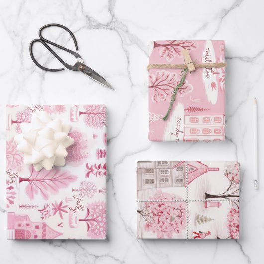 Rosa Schnee Winter Wunderland Weihnachten Geschenkpapier Set (Vorderseite)
