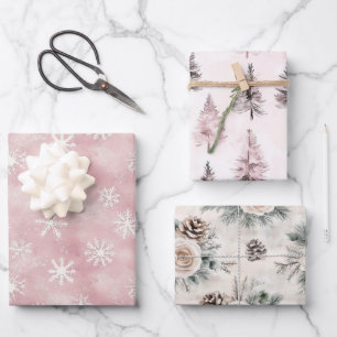Rosa Schneeflocken Bäume Blumen Weihnachten Geschenkpapier Set