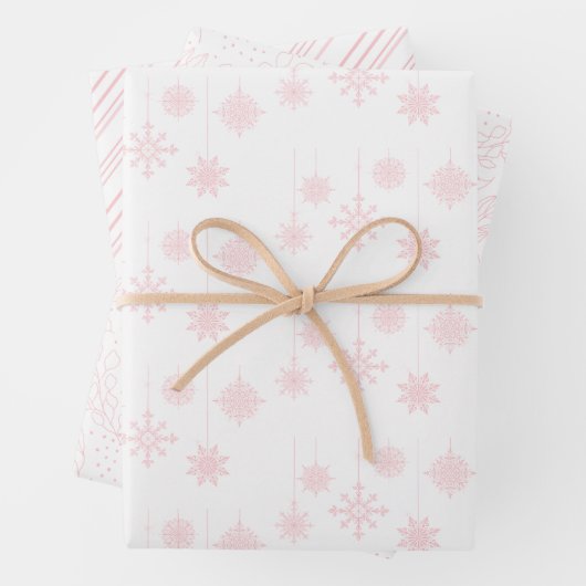 Rosa Schneeflocken, Berries und Streifen Weihnacht Geschenkpapier Set (Beispiel)