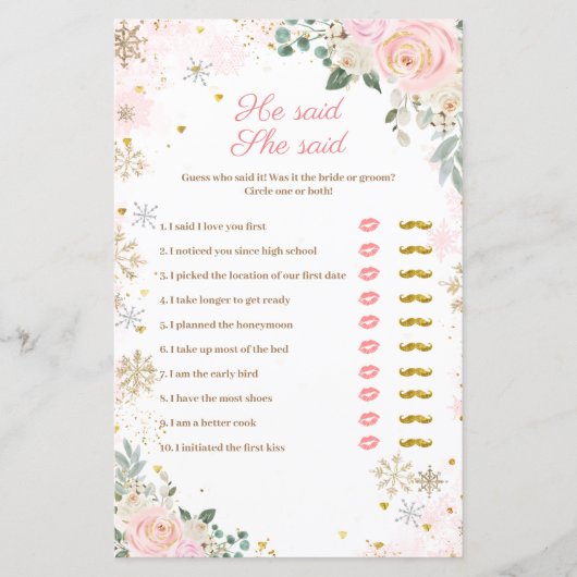 Rosa Schneeflocken Floral Er sagte, "Games Card" (Vorderseite)