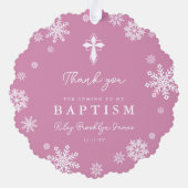 Rosa Schneeflocken Foto Wintertaufe Danke Ornament Karte (Rückseite)