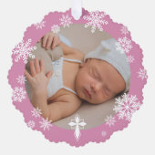 Rosa Schneeflocken Foto Wintertaufe Danke Ornament Karte (Vorderseite)