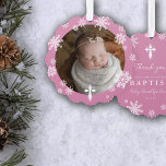 Rosa Schneeflocken Foto Wintertaufe Danke Ornament Karte<br><div class="desc">Schöne Wintertaufe danke Ihnen Ornamente in rosa mit Schneeflocken,  ein weißes Kreuz und ein Foto Ihres Babys.</div>