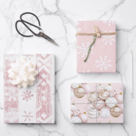 Rosa Schneeflocken Hübsche Ornamente Weihnachten Geschenkpapier Set (Vorderseite)