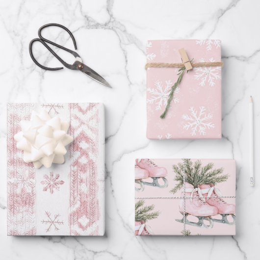 Rosa Schneeflocken Ice Skate Weihnachten Geschenkpapier Set (Vorderseite)