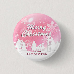 Rosa Schneeflocken im Weißen Haus Weihnachten Glüc Button