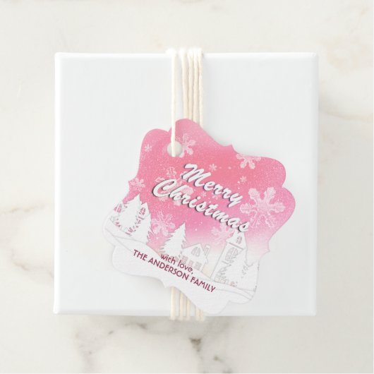 Rosa Schneeflocken im Weißen Haus Weihnachten Glüc Geschenkanhänger (Beispiel)