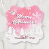 Rosa Schneeflocken im Weißen Haus Weihnachten Glüc Geschenkanhänger (Vorderseite)