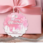 Rosa Schneeflocken im Weißen Haus Weihnachten Glüc Geschenkanhänger