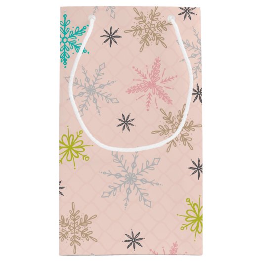 Rosa Schneeflocken Türkisblaue Limette Grün Grau Kleine Geschenktüte (Rückseite)