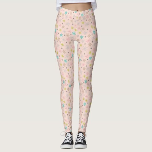 Rosa Schneeflocken Türkisblaue Limette Grün Grau Leggings (Vorderseite)