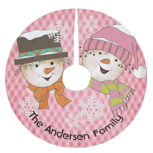 Rosa Schneeflocken und Schneemannskirt Polyester Weihnachtsbaumdecke (Vorderseite)