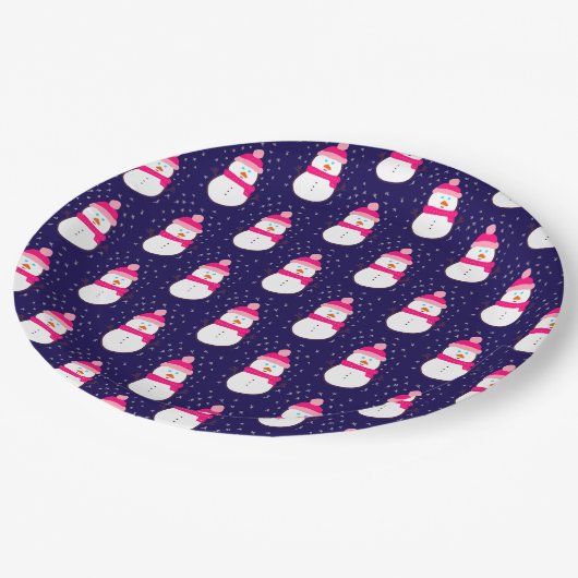 Rosa Schneemann mit Schneeflocken Pappteller (Schrägansicht)