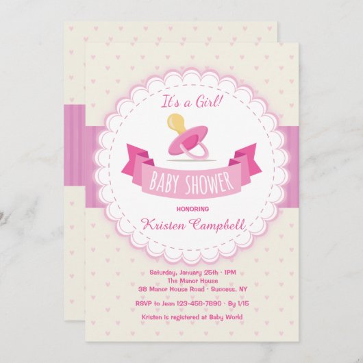 Rosa Schnuller Kinderdusche Einladung (Vorne/Hinten)