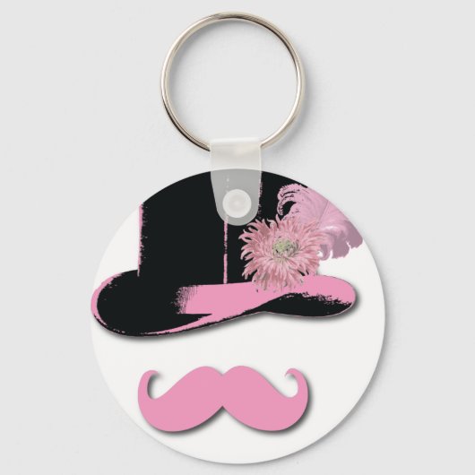 Rosa Schnurrbart, Oberhut, Federn und Blume Schlüsselanhänger (Vorderseite)