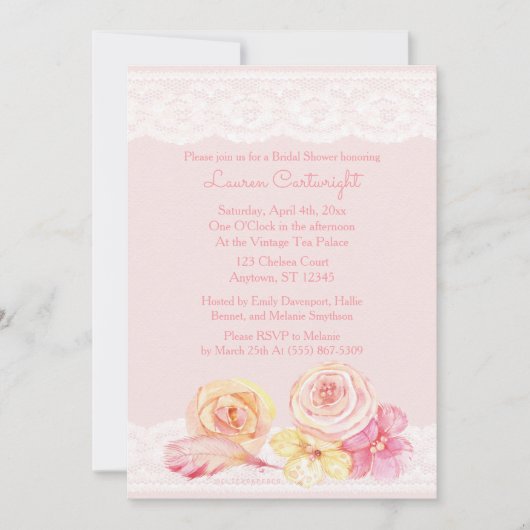 Rosa Schnürsenkel und Blume Brautparty Einladung (Vorderseite)
