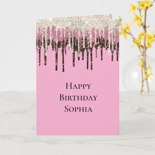 Rosa Schokolade Eiscreme Glitzer Tropfen Geburtsta Karte (Gelbe Blume)
