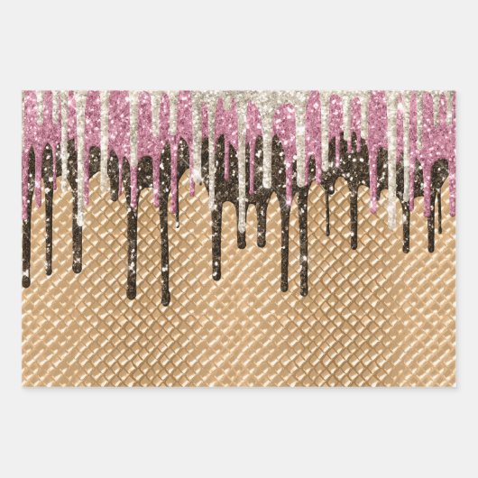 Rosa Schokolade Eiscreme Glitzer Tropfen Geschenkpapier Set (Vorderseite)