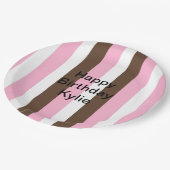 Rosa, Schokolade und weiße Streifen Geburtstag Pappteller (Schrägansicht)