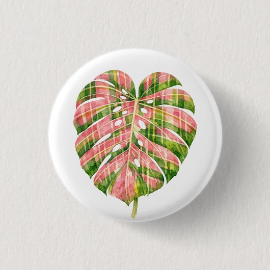 Rosa schottischer Monstera-Tartan Wasserfarbe Bota Button (Vorderseite)