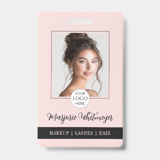 Rosa Schrift-Logo-Foto-QR-Code-Makeup Ausweis (Vorderseite)