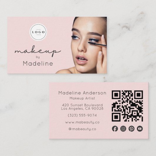 Rosa Schrift-Logo QR-Code Foto Make-up Visitenkarte (Vorne/Hinten)