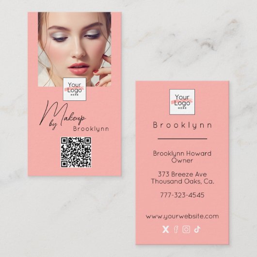 Rosa Schrift-Logo QR-Code Foto Make-up Visitenkarte (Vorne/Hinten)