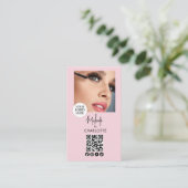 Rosa Schrift-Logo QR-Code Foto Make-up Visitenkarte (Stehend Vorderseite)