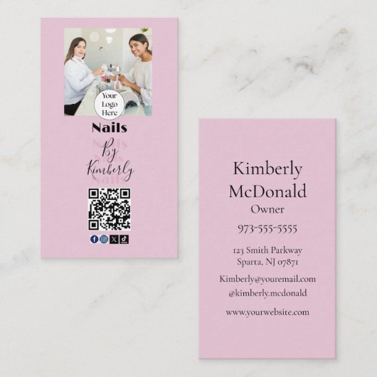 Rosa Schrift-Logo QR Code Foto Nagelstudio Visitenkarte (Vorne/Hinten)