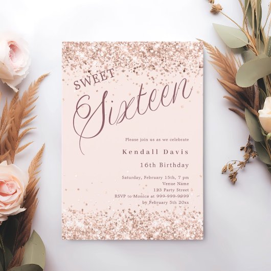 Rosa-Schrift, modern Sweet 16 Einladung
