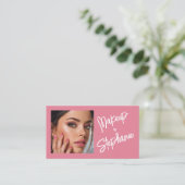 Rosa Schrift QR-Code Foto Make-up Visitenkarte (Stehend Vorderseite)