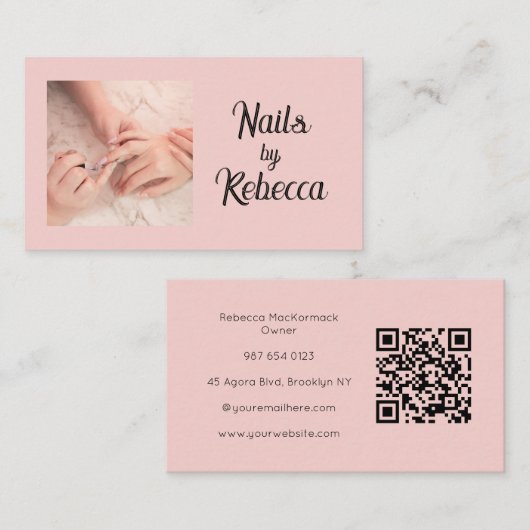 Rosa Schrift QR-Code Foto Nageltechnikerin Visitenkarte (Vorne/Hinten)
