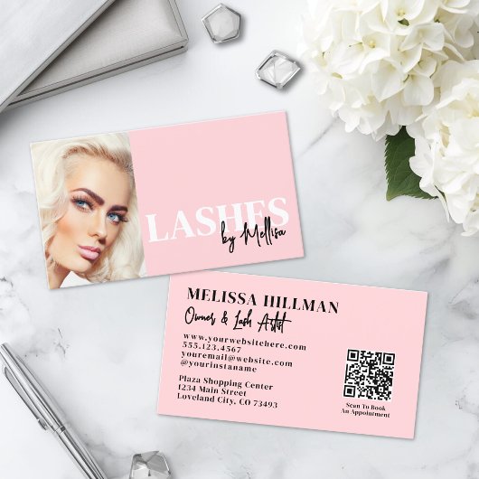 Rosa Schrift QR Code Foto Wimpern Visitenkarte