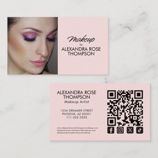 Rosa Schrift Qr Code Social Icon Make-up Visitenkarte (Vorne/Hinten)