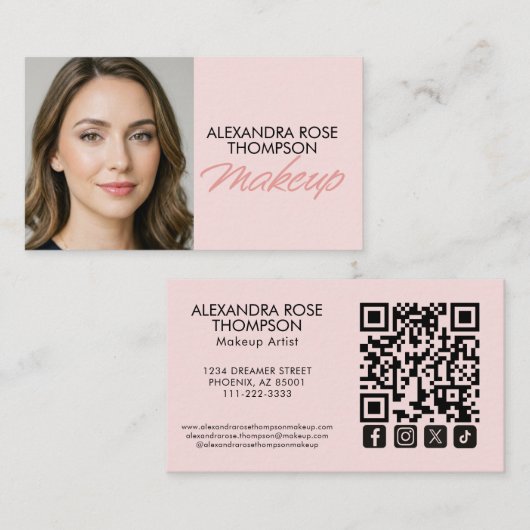 Rosa Schrift QR-Code Social Icon Make-up Visitenkarte (Vorne/Hinten)