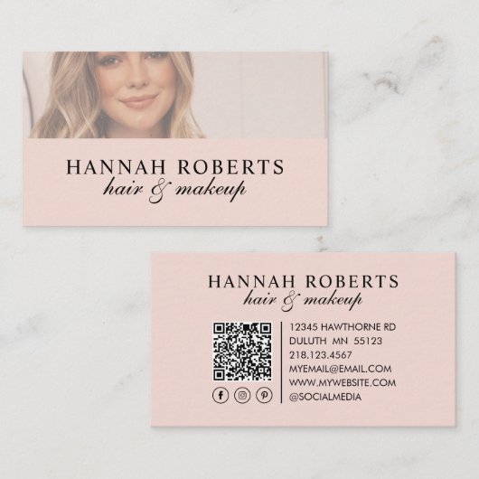 Rosa Schrift Social QR Code Foto Haar Make-up Visitenkarte (Vorne/Hinten)