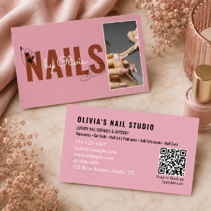 Rosa Schriftfoto-QR-Code Line-Art Nagelstudio Visitenkarte