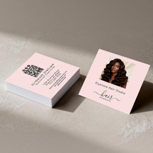 Rosa Schriftfoto QR Social Haarverlängerung Quadratische Visitenkarte