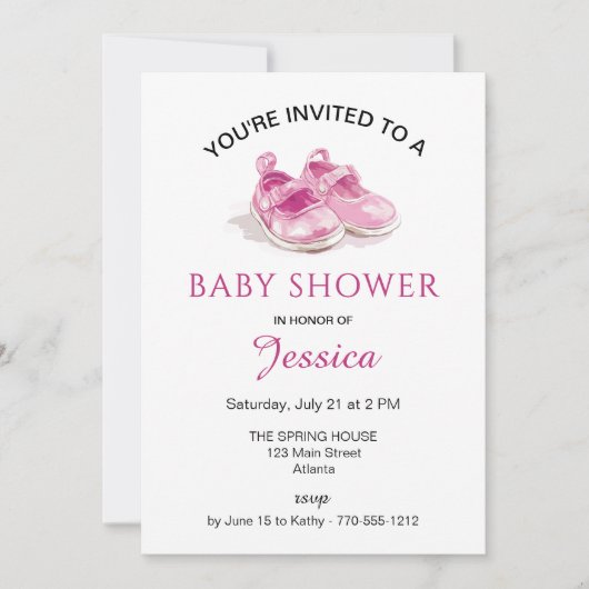 Rosa Schuhe Kinderdusche Einladung (Vorderseite)